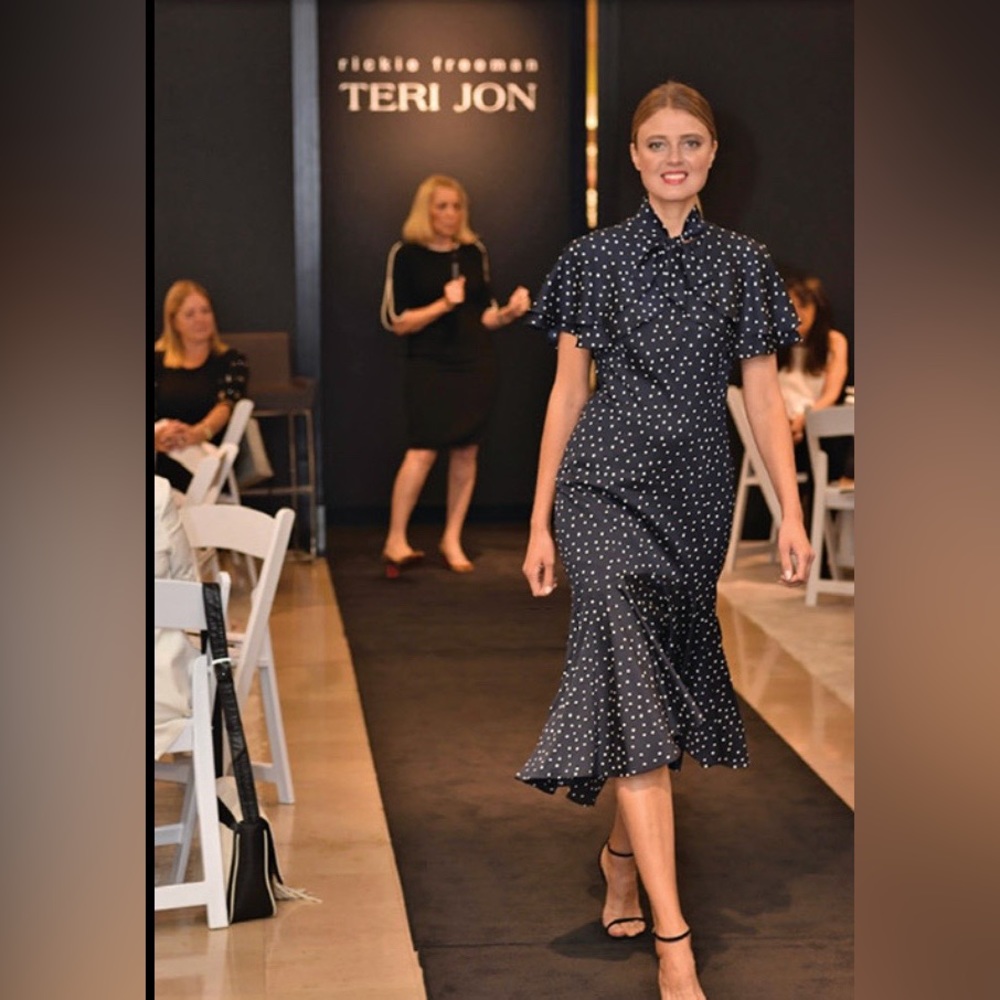 Rickie Freeman for Teri Jon, Polka Dot Short-Sleeve Tiered Bolero Dress, NWT